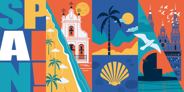 hiszpania wektorowa ilustracja panoramy, pocztówka. podróż do hiszpanii nowoczesny płaski baner graficzny - belfort stock illustrations