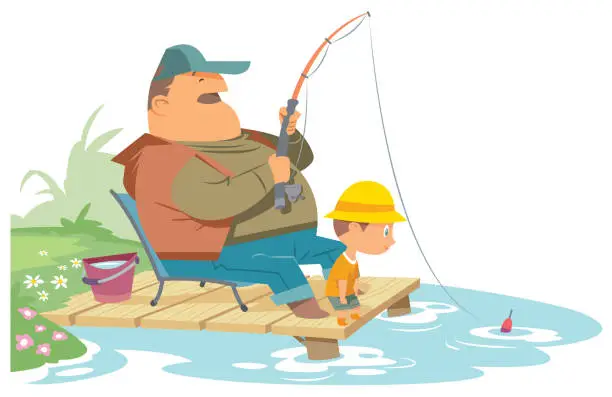 Vector illustration of Father and son fishing together
