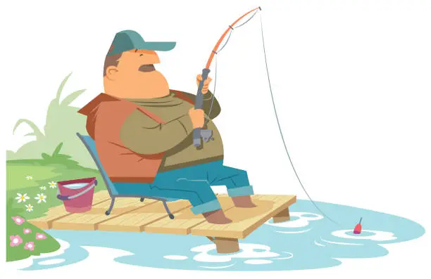 Vector illustration of Fisherman Sit on Chair near Lake with Fishing Rod
