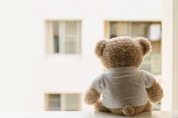 istock Teddy bear sitting at window, loneliness bear. 1255407866