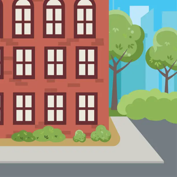 Vector illustration of Red Brick Apartment Building On A City Street