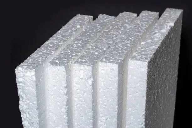 Photo of Styrofoam. Sheets of Factory manufacturing.