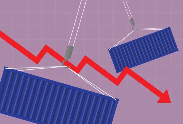 A red arrow graph goes down with a cargo container Trade, Import, Export, Supply chain, Shipping, Business tariff stock illustrations