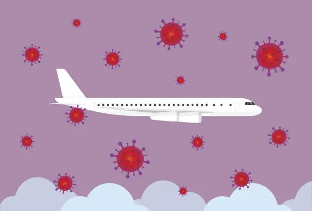 Vector illustration of The airplane flies with a virus in the sky