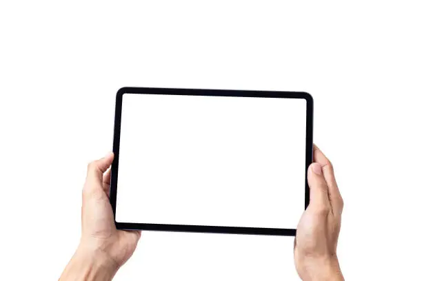 Photo of Hand man holding tablet with mockup blank screen isolated on white background with clipping path