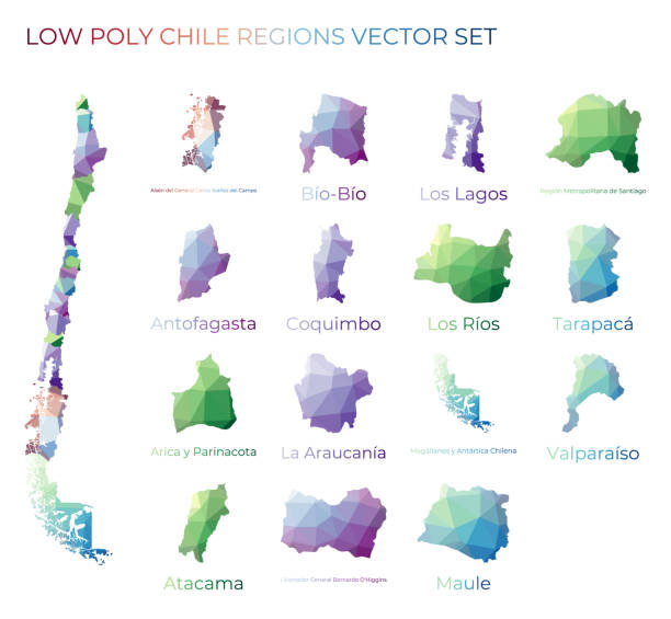 Chilean low poly regions. Chilean low poly regions. Polygonal map of Chile with regions. Geometric maps for your design. Creative vector illustration. chile map stock illustrations