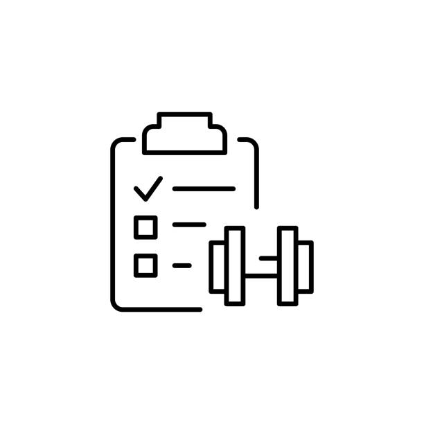 training schedule icon on the background Checklist with drumbell, training schedule icon personal trainer stock illustrations