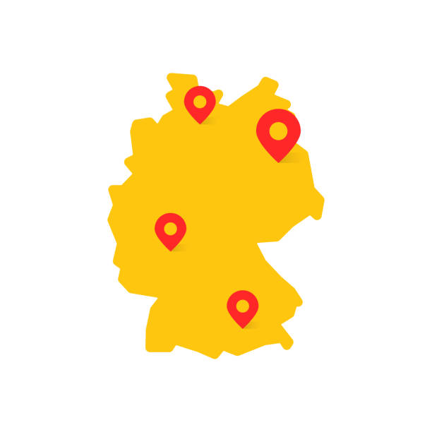 gelbe deutschlandkarte mit geo-tag - deutschland stock-grafiken, -clipart, -cartoons und -symbole