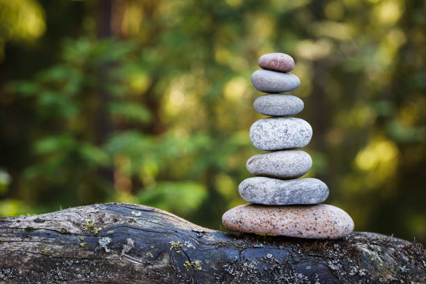 istock Pyramid stones balance on a tree trunk in the forest. 1255417610