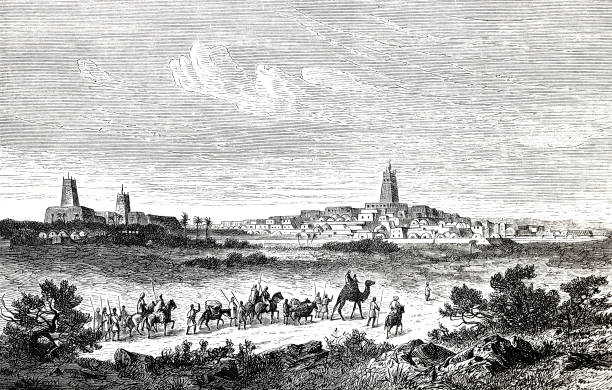 A camel caravan in front of Timbuktu Illustration from 19th century Mali stock illustrations