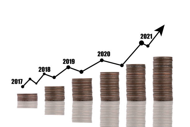 istock Coin stacking with virtual trend graph on white background.Business investment growth and profit increase concept. 1255418634