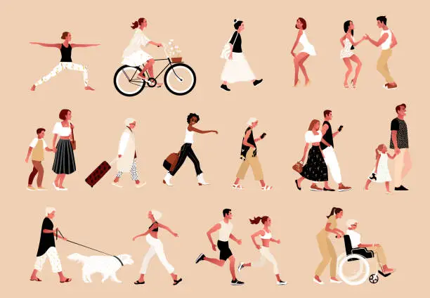 Vector illustration of Crowd of tiny people wearing stylish clothes.