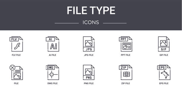 file type concept line icons set. contains icons usable for web, logo, ui/ux such as ai file, ppt file, png zip eps gif jpg file type concept line icons set. contains icons usable for web, logo, ui/ux such as ai file, ppt file, png zip eps gif jpg ppt templates stock illustrations