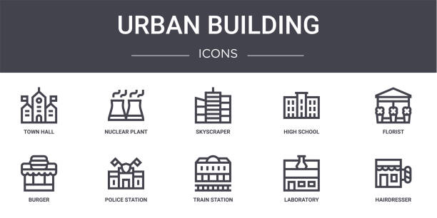 urban building concept line icons set. contains icons usable for web, logo, ui/ux such as nuclear plant, high school, burger, train station, laboratory, hairdresser, florist, skyscraper urban building concept line icons set. contains icons usable for web, logo, ui/ux such as nuclear plant, high school, burger, train station, laboratory, hairdresser, florist, skyscraper research facility exterior stock illustrations