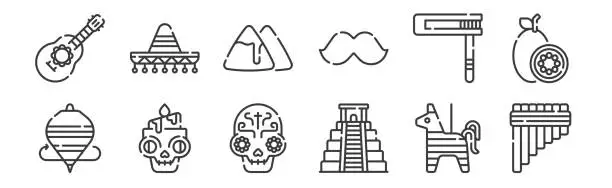 Vector illustration of 12 set of linear mexico icons. thin outline icons such as zampona, chichen itza, candle, matraca, nachos, mexican hat for web, mobile.