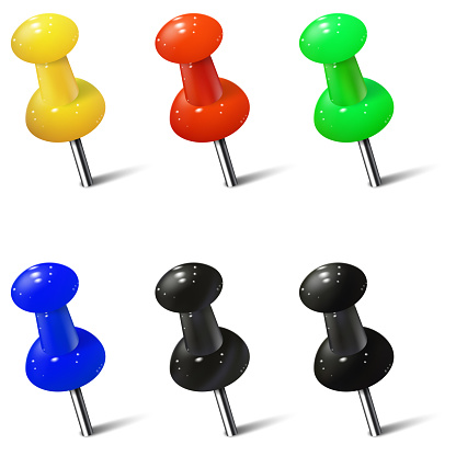 Set of realistic push pins in different colors. Thumbtacks. Vector illustration.