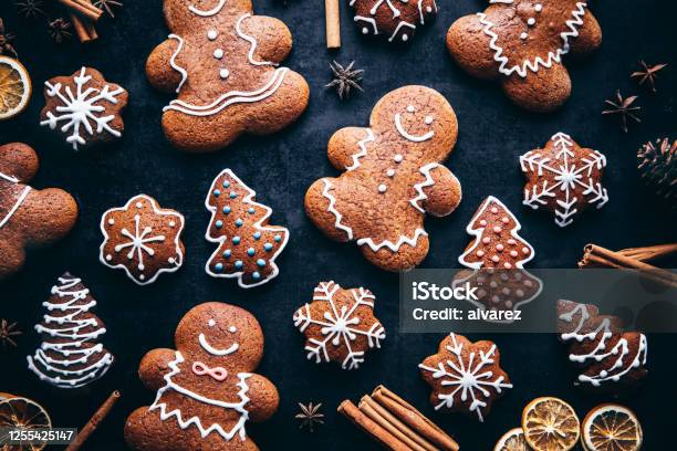 Christmas Gingerbread Man Cookies And Spices Stock Photo - Download Image Now - Christmas, Cookie, Gingerbread Cookie