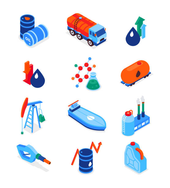 przemysł naftowy - nowoczesny zestaw kolorowych ikon izometrycznych - fuel tanker truck storage tank isometric stock illustrations