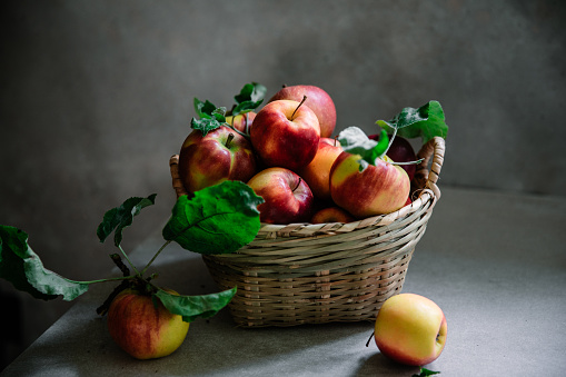 Apples in basket on gray background. Freshly picked apples with leaves in a basket.