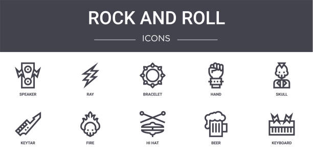 rock and roll concept line icons set. contains icons usable for web, logo, ui/ux such as ray, hand, keytar, hi hat, beer, keyboard, skull, bracelet rock and roll concept line icons set. contains icons usable for web, logo, ui/ux such as ray, hand, keytar, hi hat, beer, keyboard, skull, bracelet keytar stock illustrations