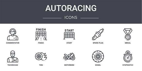 autoracing concept line icons set. contains icons usable for web, logo, ui/ux such as finish, spark plug, technician, motorbike, wheel, stopwatch, medal, start