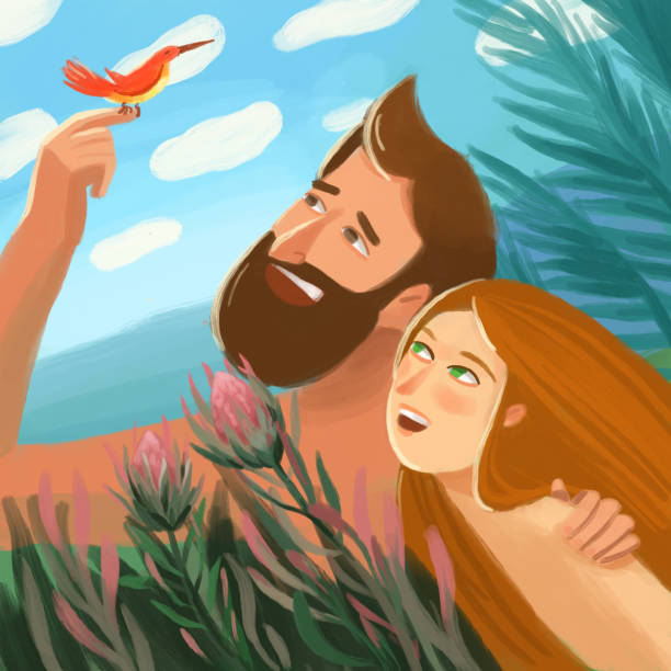 Bible Illustration about Adam and Eve in Eden garden. First happiness couple. Bible Illustration about Adam and Eve in Eden garden. First happiness couple. adam and eve painting stock illustrations