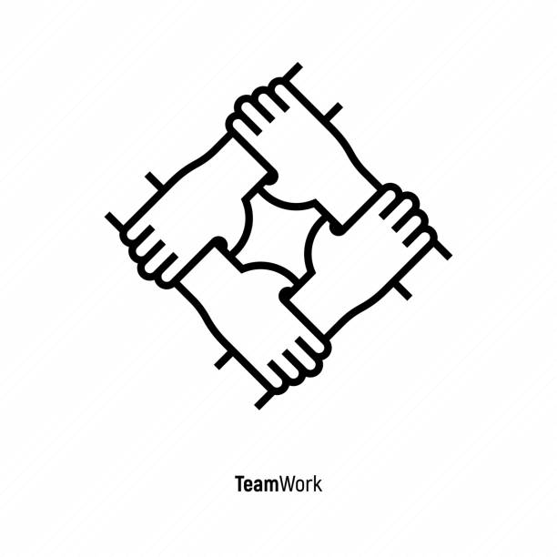 vier hände halten zusammen für das handgelenk andere. symbol für teamarbeit, unterstützung, wohltätigkeitsorganisation und spendengemeinschaft. dünne linie vektor-illustration. - partner stock-grafiken, -clipart, -cartoons und -symbole