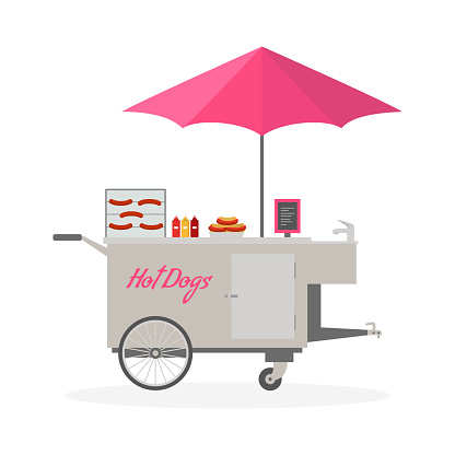Cartoon hot dog cart, street food. Vector illustration.