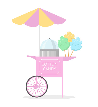 Cartoon cotton candy cart, street food. Vector illustration.