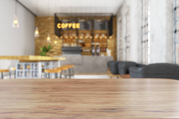 Wood Empty Surface And Coffee Shop As Background Wood Empty Surface And Coffee Shop As Background cafe culture photos stock pictures, royalty-free photos & images