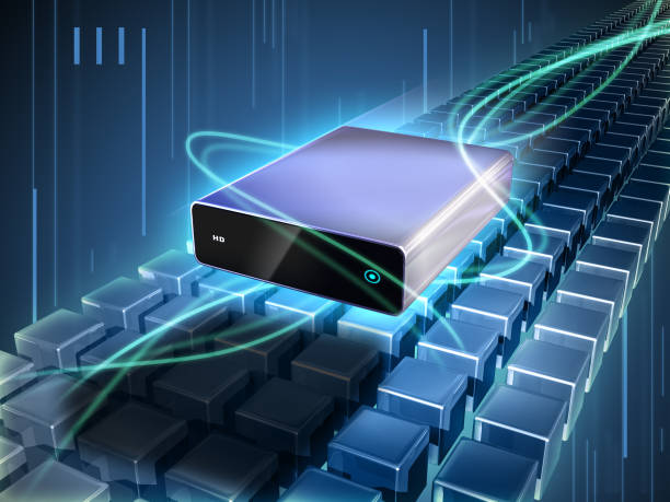 External hard disk Hard disk enclosure flying through a beautiful cyber scene with rows of cubes and glowing lines. Digital illustration. external hard disk drive stock pictures, royalty-free photos & images