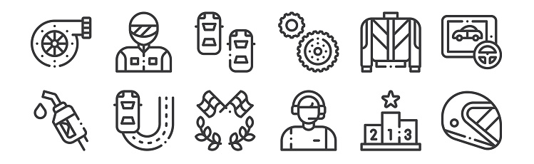 12 set of linear autoracing icons. thin outline icons such as helmet, commentator, fast, uniform, cars, racer for web, mobile