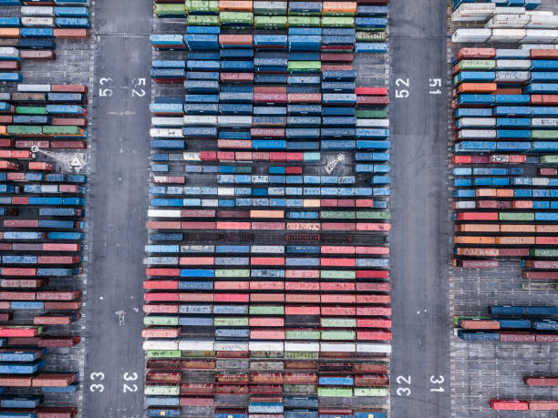 istock Aerial view of cargo containers in port 1255434406