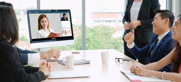 istock Video call group business people meeting on virtual workplace or remote office 1255438752