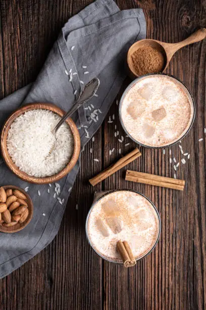 Photo of Horchata, ice cold sweet Mexican rice milk drink with almonds, vanilla and cinnamon