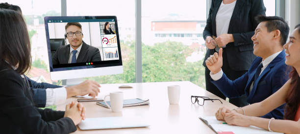 istock Video call group business people meeting on virtual workplace or remote office 1255438907