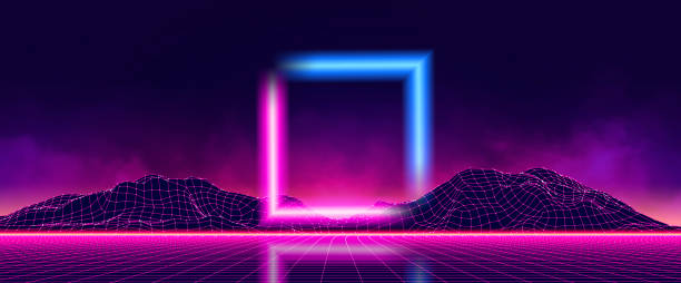 istock Abstract digital landscape with particles dots and stars on horizon. Wireframe landscape background. Big Data. 3d futuristic vector illustration. 80s Retro Sci-Fi Background 1255440556