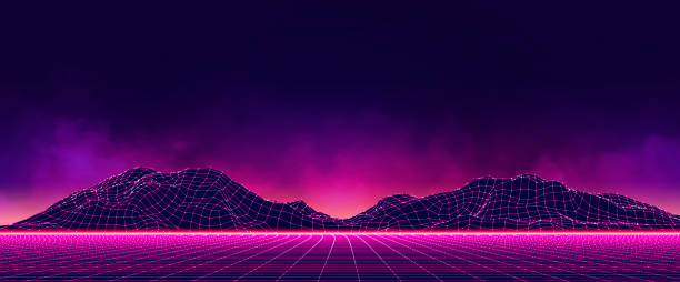 istock Abstract digital landscape with particles dots and stars on horizon. Wireframe landscape background. Big Data. 3d futuristic vector illustration. 80s Retro Sci-Fi Background 1255440663