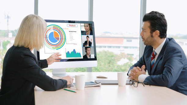 istock Video call group business people meeting on virtual workplace or remote office 1255442355