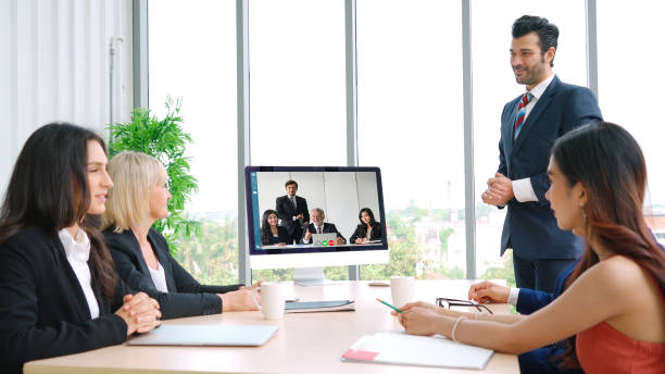 istock Video call group business people meeting on virtual workplace or remote office 1255442452