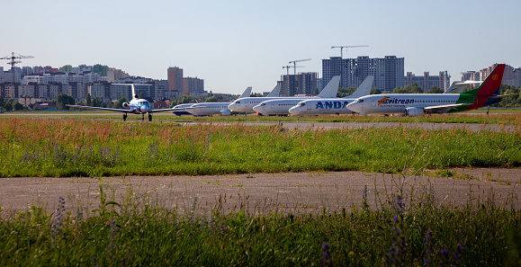 Kyiv, Ukraine - June 26, 2020: The plane is on the platform of the Kyiv airport. Flights by air. Runway.