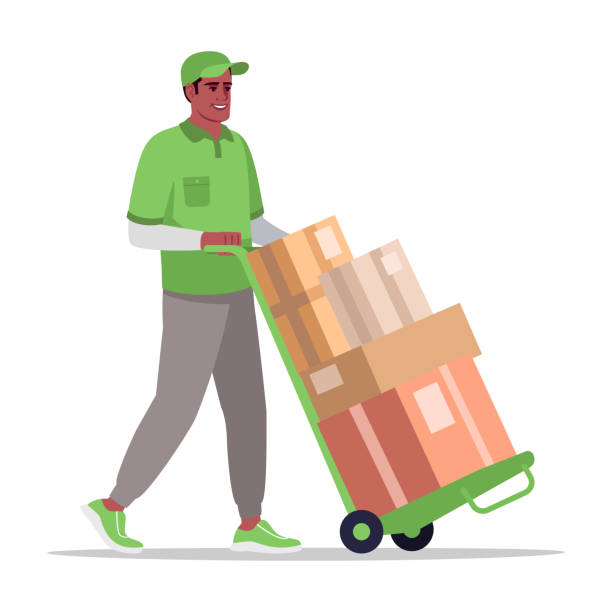 lagerarbeiter mit handtruck halb flache rgb-farbvektor-illustration - sackkarre stock-grafiken, -clipart, -cartoons und -symbole