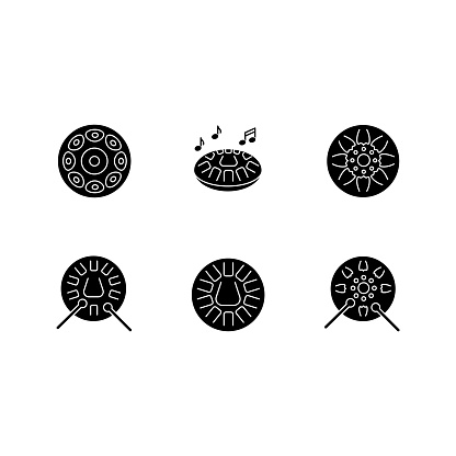 Ornamental handpan black glyph icons set on white space. Traditional musical instrument for relaxation beats. Play in band with steelpan percussion. Silhouette symbols. Vector isolated illustration