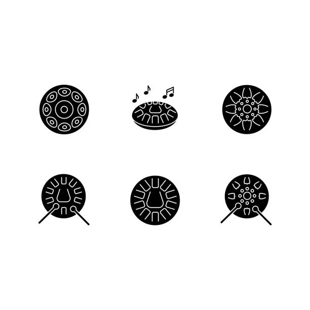 Ornamental handpan black glyph icons set on white space Ornamental handpan black glyph icons set on white space. Traditional musical instrument for relaxation beats. Play in band with steelpan percussion. Silhouette symbols. Vector isolated illustration steel drum stock illustrations