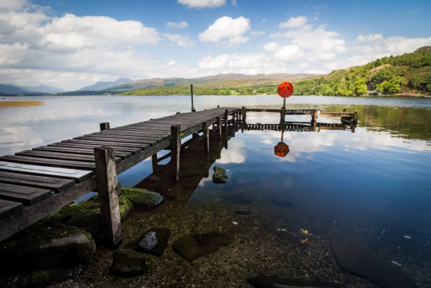 Scottish loch from a small island with a wooden jetty stock photo