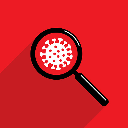 Vector illustration of a white coronavirus symbol under a black magnifying glass on a red background.