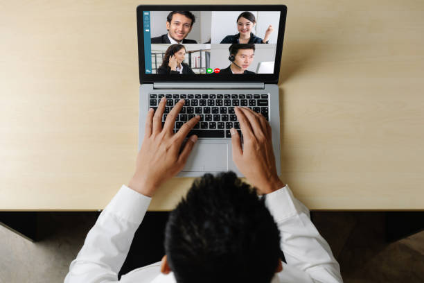 istock Video call business people meeting on virtual workplace or remote office 1255447748