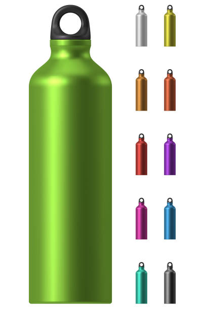 Aluminium water bottle RGB vector illustration, created with gradient mesh, 3D model with studio lighting and pathtracing render used for reference silver bottle cap stock illustrations