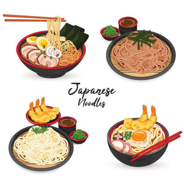ilustraciones, imágenes clip art, dibujos animados e iconos de stock de japonés ramen udon soba y algunos fideos menú ilustración vectorial aislado. - comida japonesa