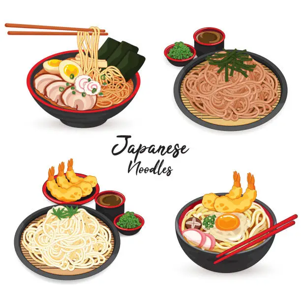 Vector illustration of Japanese ramen udon soba and somen noodles menu illustration isolated vector.